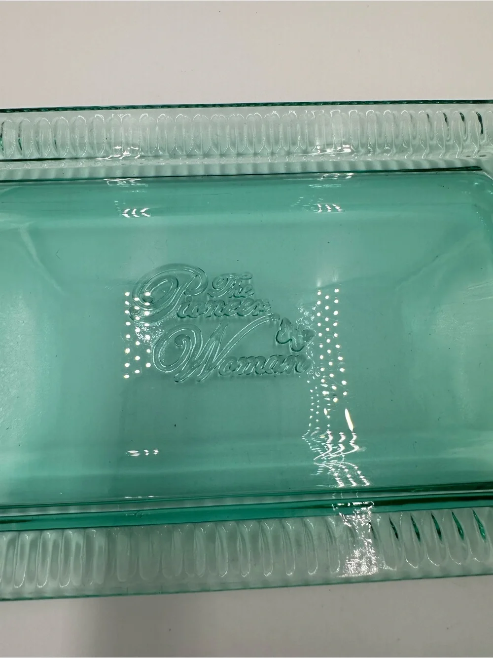 The Pioneer Woman Adeline Teal Embossed Glass Covered Butter Keeper Dish